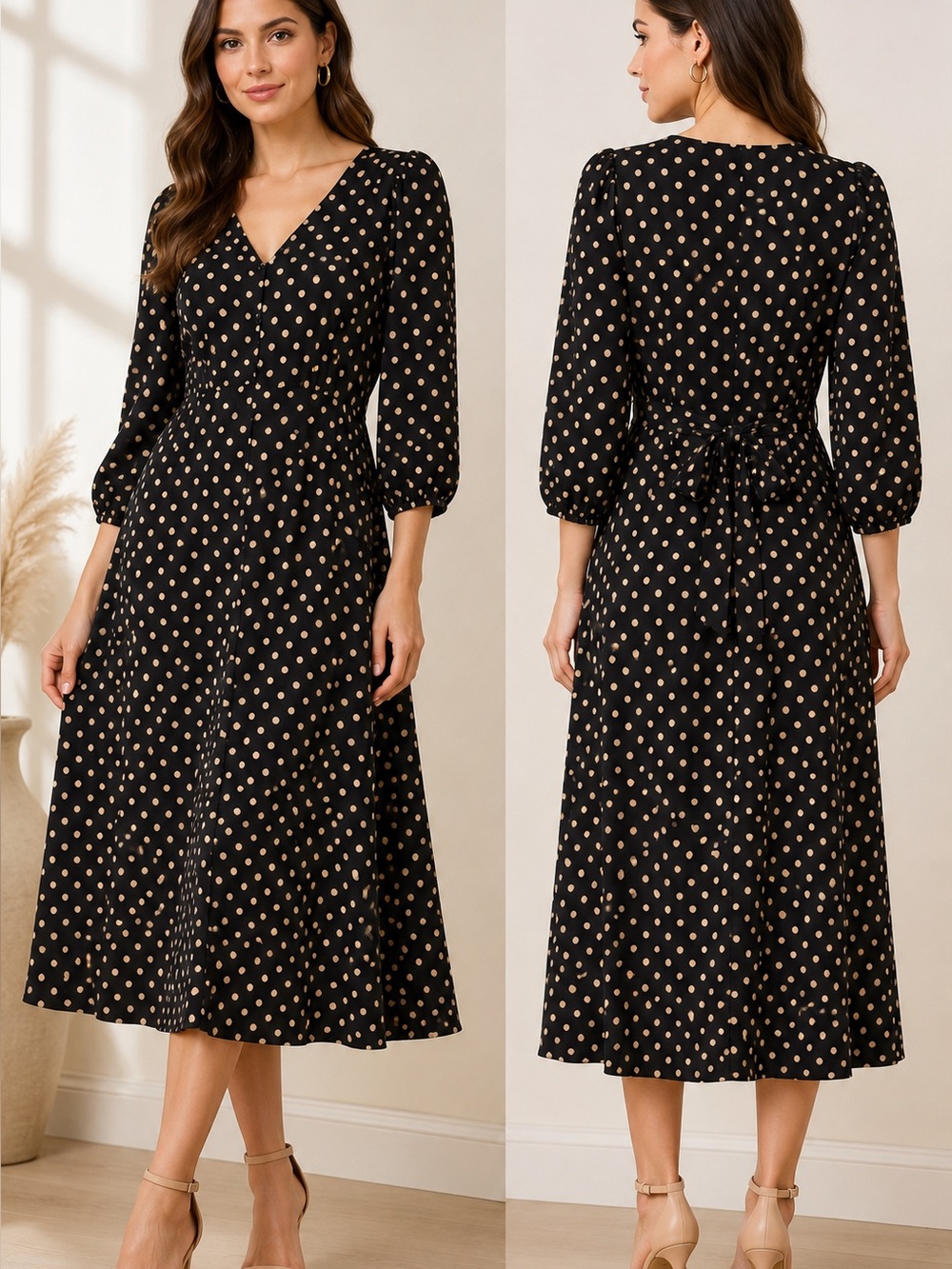 LC Lauren Conrad Black Midi Dress with Tan Polka Dot Print